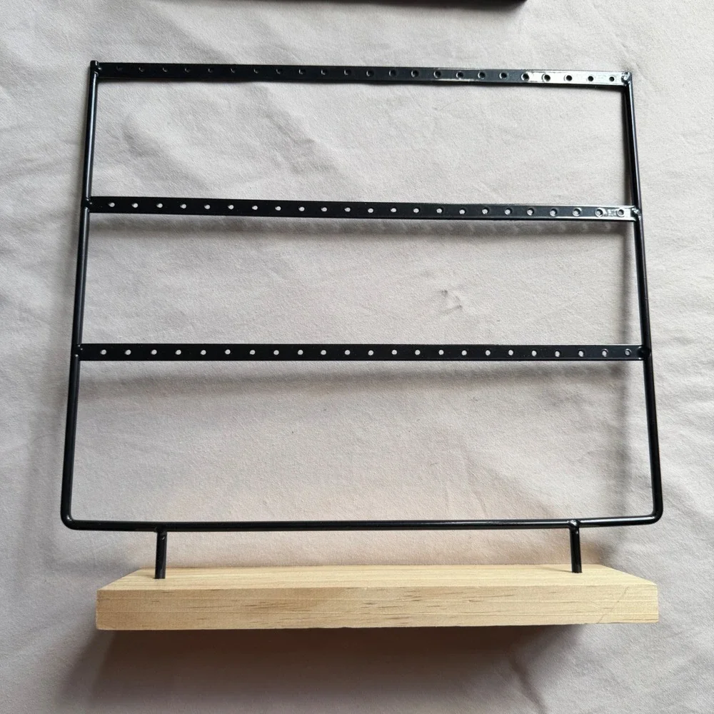 Jewelry Display Set Black Metal Earring Stand Wood Base & Velvet 12 Ring Tray